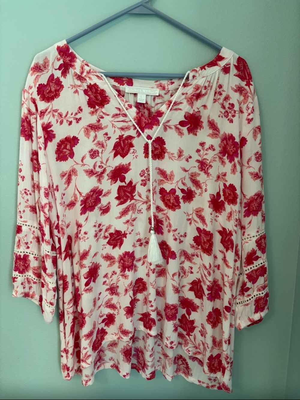Floral V-Neck Tassel Blouse - Pinks/White